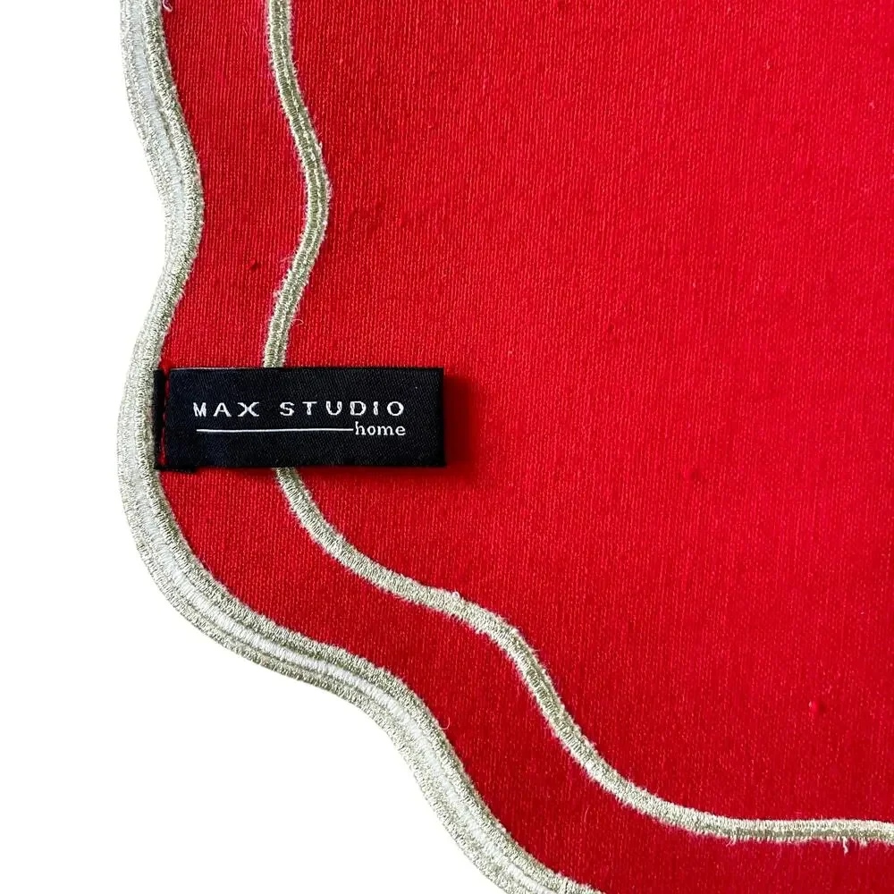 Max Studio Embroidered Cotton Placemats 13x19 Red & Gold Scalloped Set of 4 NEW